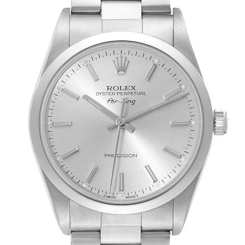 The image shows a front view of the Rolex Air-King watch, highlighting its dial, hour markers, hands, and stainless steel bracelet.