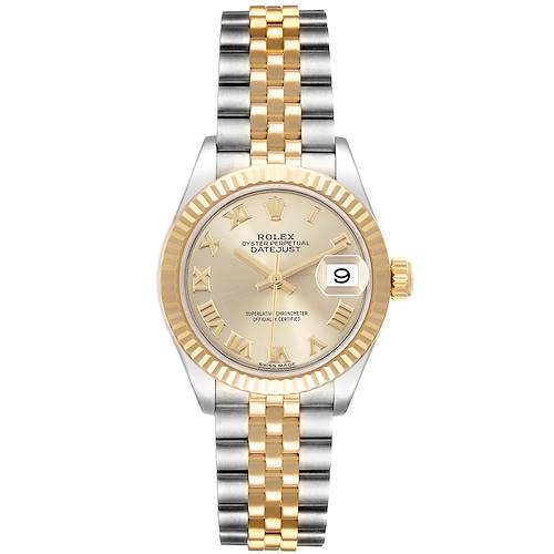 The Rolex Datejust watch is shown from a top view, displaying the dial, bezel, bracelet, and crown.