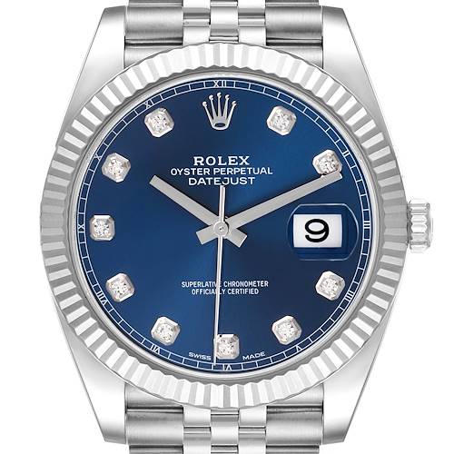 The image shows a frontal view of the Rolex Datejust 41, highlighting its blue dial, fluted bezel, and Jubilee bracelet.
