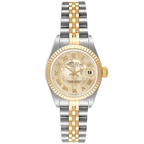 The Rolex Datejust watch is shown from a front angle, displaying the dial, bezel, and bracelet clearly.