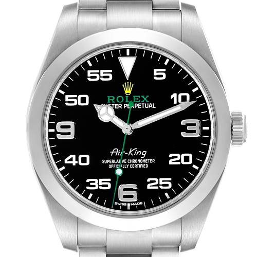The image shows a front view of the Rolex Air-King watch, displaying the entire watch face and part of the bracelet.