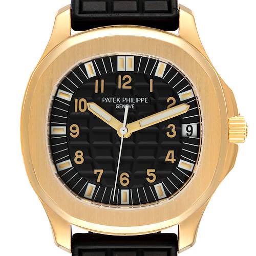 The image shows a front view of the Patek Philippe Aquanaut watch, displaying the dial, hands, and date window.