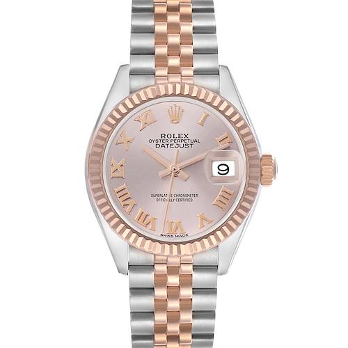 The Rolex Datejust watch is shown from the front, highlighting its dial, bezel, bracelet, and date feature.