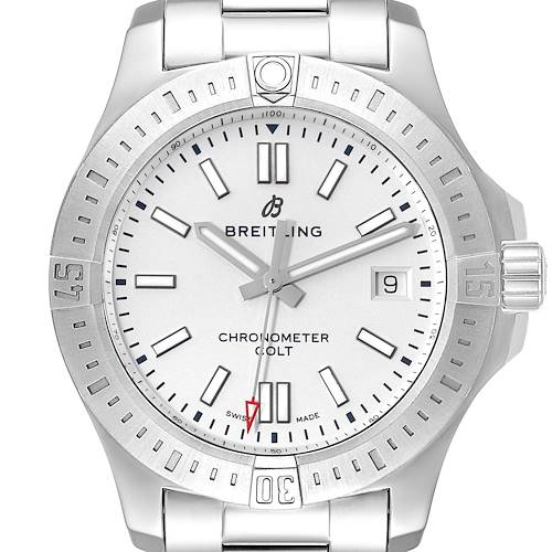 This Breitling Colt watch is shown from a top-down angle, displaying the face, bezel, and part of the strap.