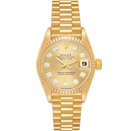 This image shows a front view of a Rolex President model watch, highlighting its dial, bracelet, date window, and crown.