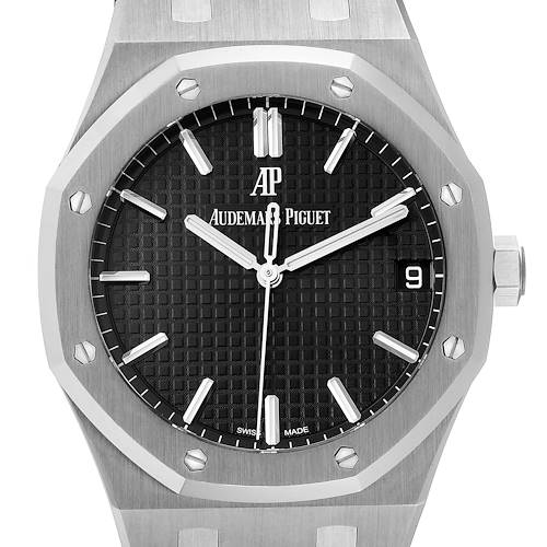 This image shows a front view of the Audemars Piguet Royal Oak watch, highlighting the black dial, hands, markers, and date window.