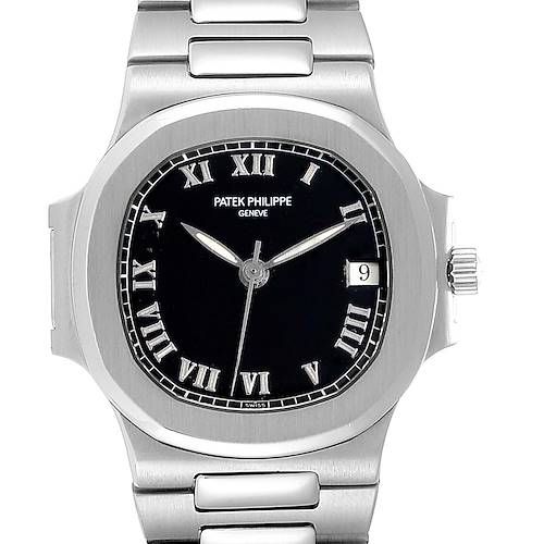 The image shows a front view of a Patek Philippe Nautilus watch, highlighting the face, hands, and part of the bracelet.
