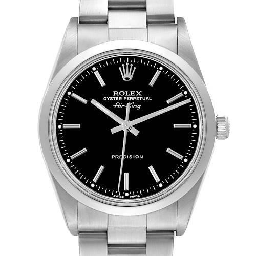 This is a front view of the Rolex Air-King model watch, showcasing the dial, bezel, crown, and part of the bracelet.