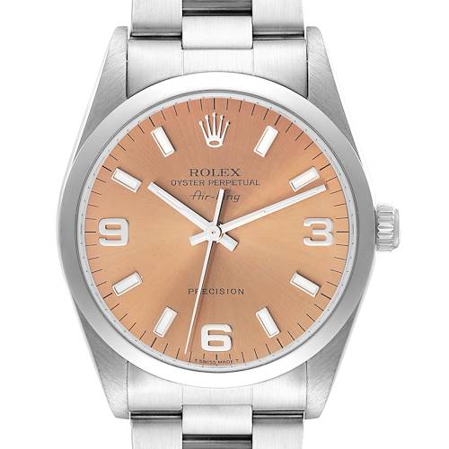 This is a front view of a Rolex Air-King watch showcasing the dial, hour markers, crown, and part of the bracelet.