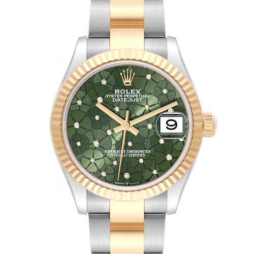 The image shows a front view of a Rolex Oyster Perpetual Datejust Mid-Size watch, highlighting its dial, hands, date window, and bracelet.