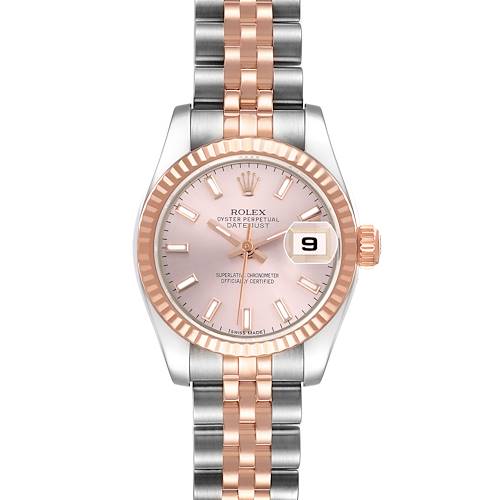 The Rolex Datejust watch is shown from a top-down angle, displaying the dial, fluted bezel, and two-tone bracelet.