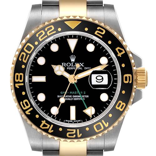 The image shows a front view of a Rolex GMT-Master II watch, highlighting its bezel, dial, date window, and crown.