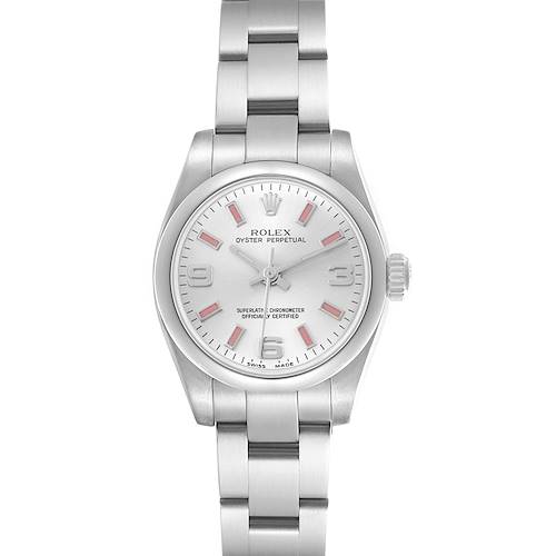 The Rolex Oyster Perpetual watch is shown from the front, displaying the dial, hands, case, and part of the bracelet.