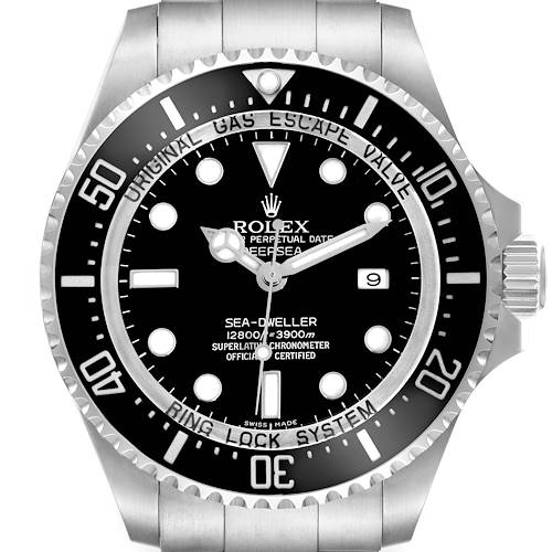 The Rolex Sea-Dweller watch is shown from a front angle, highlighting the dial, bezel, and part of the bracelet.
