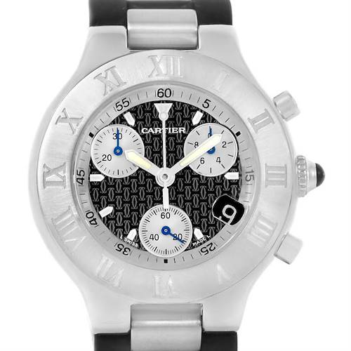 The image shows a front view of the Cartier Must 21 Chronoscaph watch, highlighting its dial, sub-dials, and Roman numeral bezel.