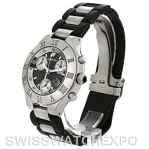 This image shows a side angle of the Cartier Must 21 Chronoscaph watch, highlighting the case, bezel, dial, chronograph buttons, and bracelet.