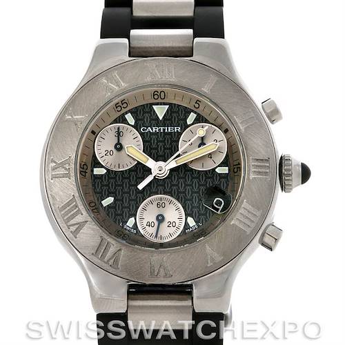 The image shows a front view of a Cartier Must 21 Chronoscaph watch, detailing its dial, subdials, and Roman numeral bezel.