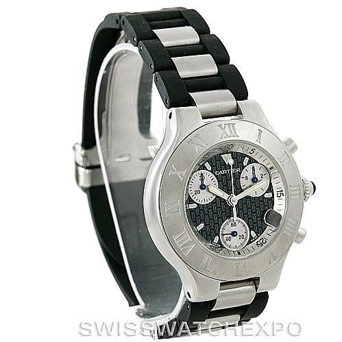 The image shows a Cartier Must 21 Chronoscaph watch from a front-side angle, highlighting the bezel, dial, and bracelet.