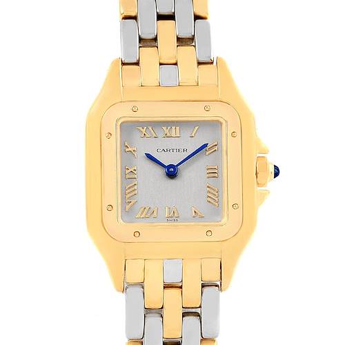 This Cartier Panthere model watch is shown from a front view, highlighting the face, bezel, and part of the bracelet.