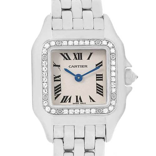The image shows a frontal view of the Cartier Panthere watch, focusing on its face, bezel, and part of the bracelet.
