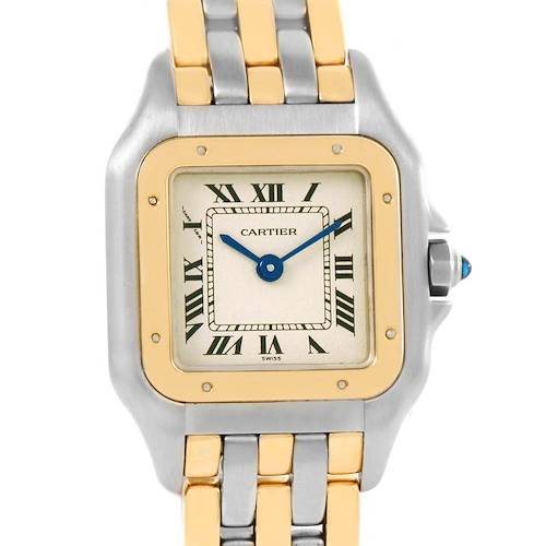 This image shows a front angle view of the Cartier Panthere watch, highlighting the dial, bezel, and part of the bracelet.