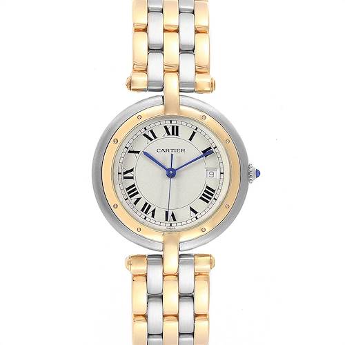 This image shows a straight-on view of a Cartier Vendome watch featuring a two-tone metal bracelet, gold bezel, and Roman numeral dial.