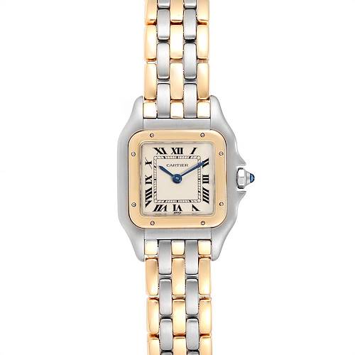 This image shows a Cartier Panthere watch from the front, highlighting the dial, Roman numerals, and two-tone bracelet.