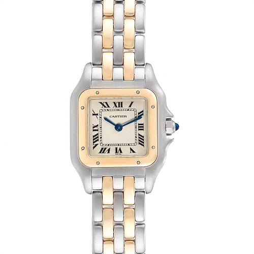 The image shows a front view of a Cartier Panthere watch, highlighting its dial, bezel, and two-tone metal bracelet.
