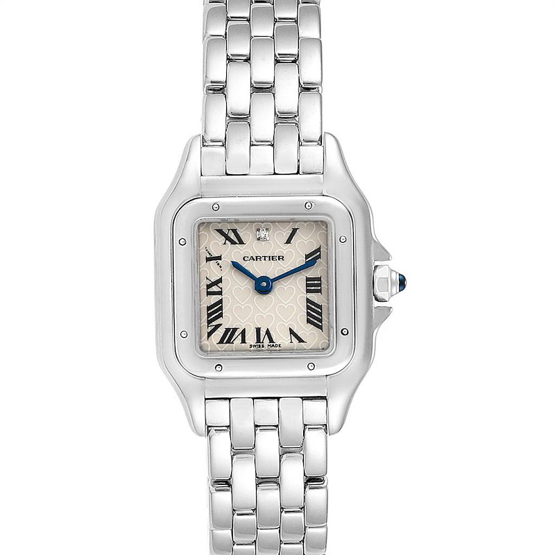 The image shows a front view of the Cartier Panthere model watch, displaying its face and metal bracelet.