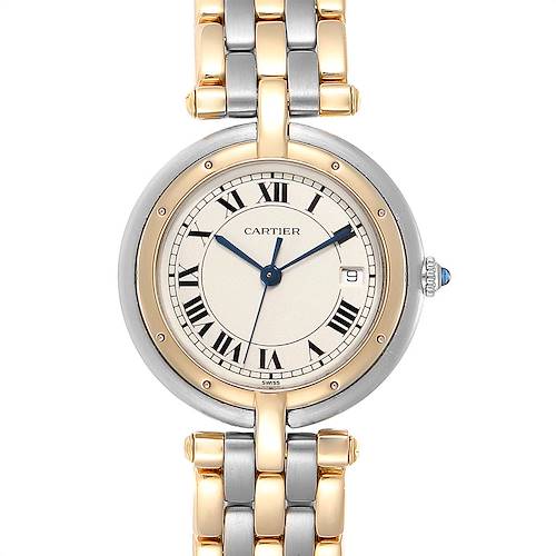 This image shows a frontal view of a Cartier Vendome model watch, highlighting its face, Roman numerals, and metal bracelet.