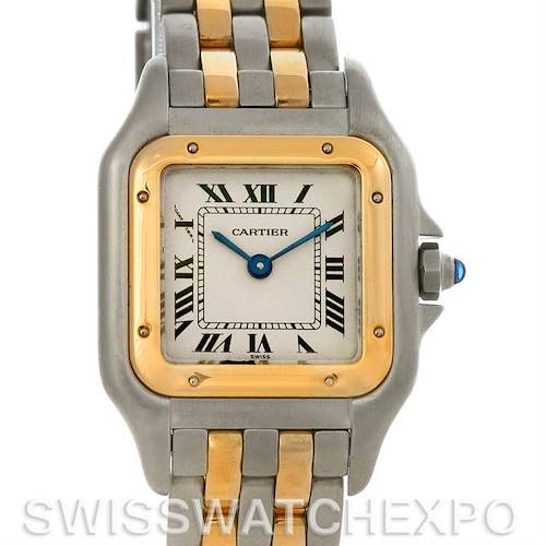 This image shows a frontal view of the Cartier Panthere watch, highlighting its face, bezel, and part of the bracelet.