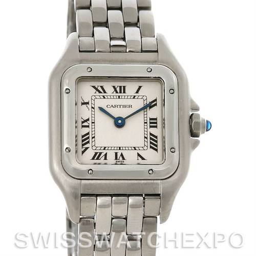 The Cartier Panthere watch is shown from the front, highlighting the face, dial, and part of the metal bracelet.