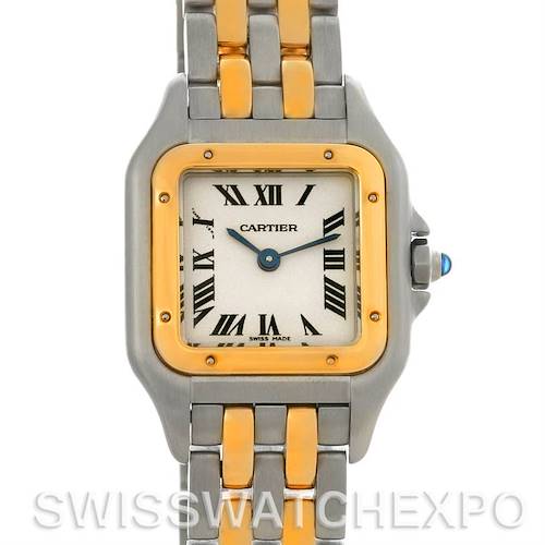 This image shows a frontal view of the Panthere model by Cartier, highlighting the watch face, bezel, and part of the bracelet.