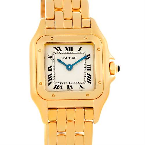This image shows the front view of a Cartier Panthere watch, highlighting its square face, Roman numerals, blue hands, and gold bracelet.