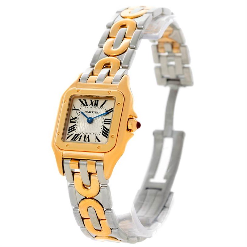 This image shows a Panthère de Cartier watch at a slight angle, highlighting the two-tone bracelet and square face.