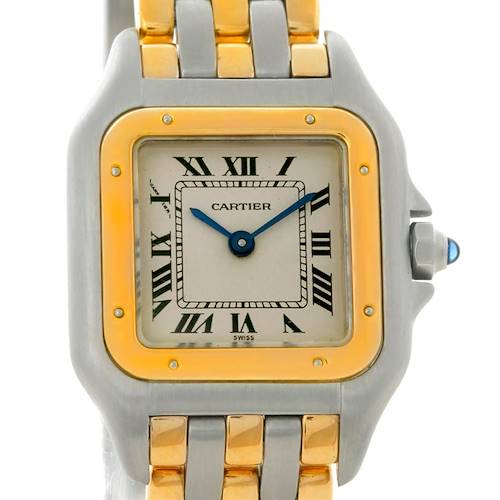 This image shows a close-up front view of the Cartier Panthere watch, highlighting the bezel, face, and part of the bracelet.