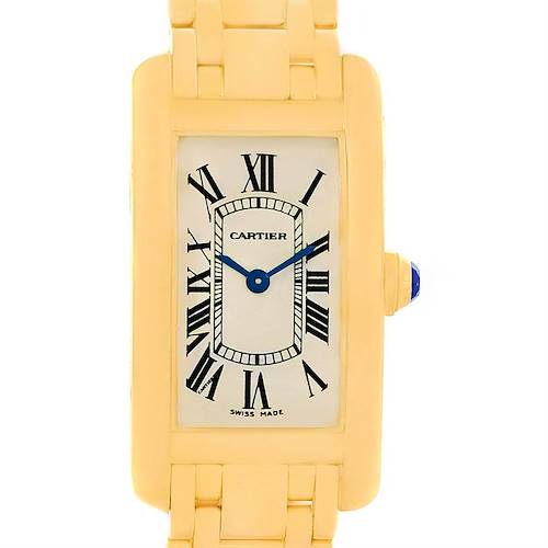 This image shows a front view of the dial and bracelet of the Cartier Tank Americaine model watch.