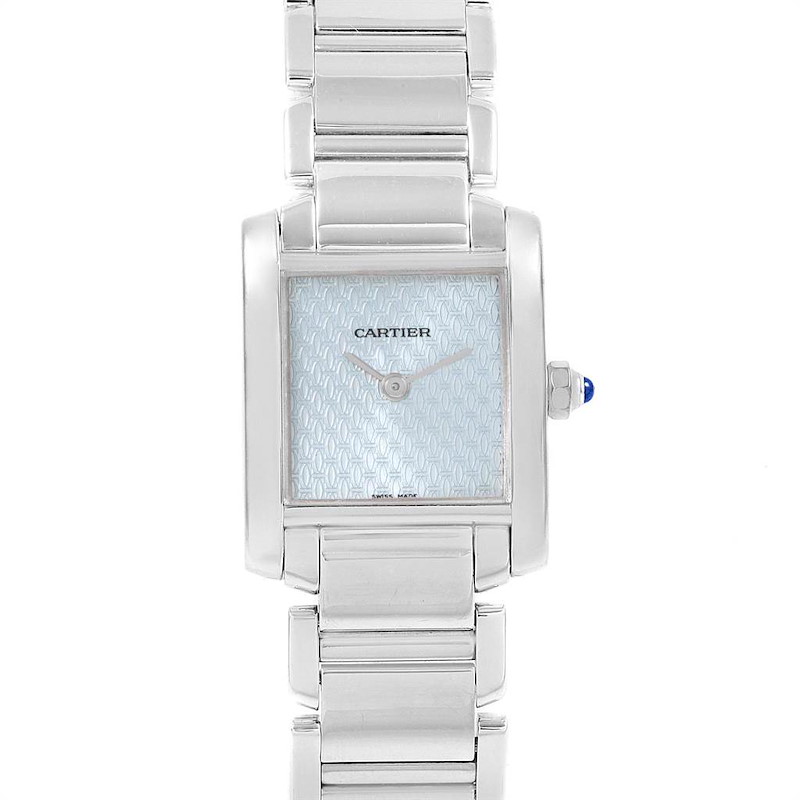 This image shows a front view of a Cartier Tank Francaise watch, showcasing its rectangular face and metal bracelet.