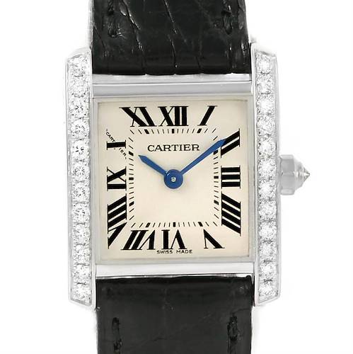 This Cartier Tank Francaise watch is shown from the front, highlighting its rectangular face, Roman numerals, and diamond-accented bezel.