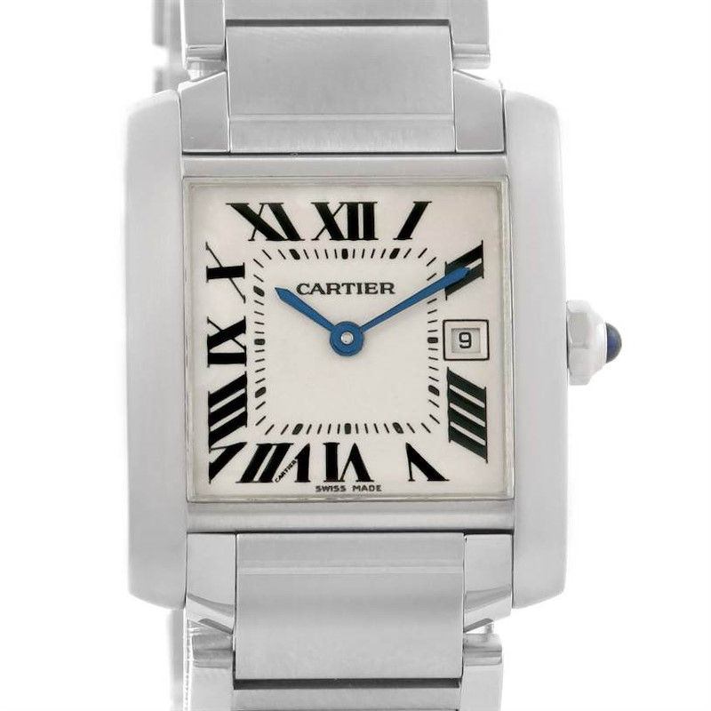 This image shows a frontal view of the Cartier Tank Francaise watch, displaying the dial, hands, and part of the bracelet.