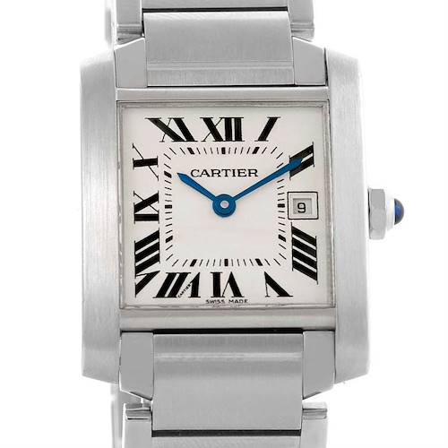 This image shows a front view of the Cartier Tank Francaise watch, focusing on the dial, hands, and part of the bracelet.