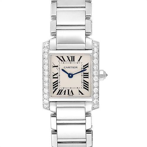 This image shows a frontal view of a Cartier Tank Francaise watch, highlighting the face, bracelet, and diamond detailing.
