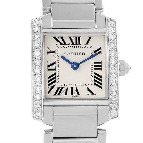 This image shows a close-up of the Tank Francaise model by Cartier, highlighting the dial, case, and part of the bracelet.