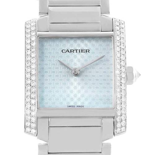 This image shows a close-up of the Cartier Tank Francaise watch face and part of the bracelet, highlighting the diamond-studded sides.