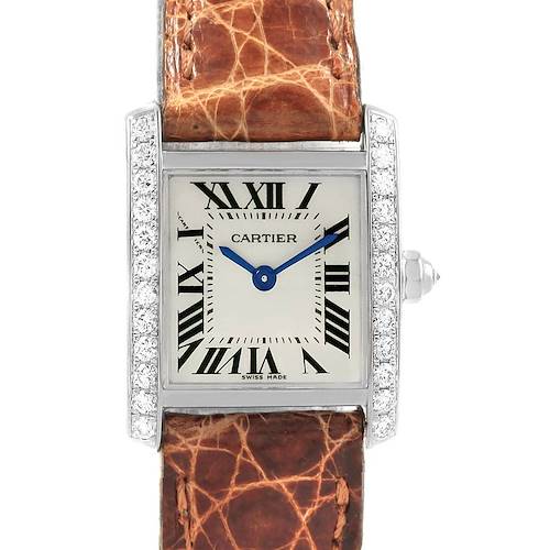 This image shows a top-down view of the Cartier Tank Francaise watch, highlighting its leather strap, rectangular face, and Roman numeral dial.