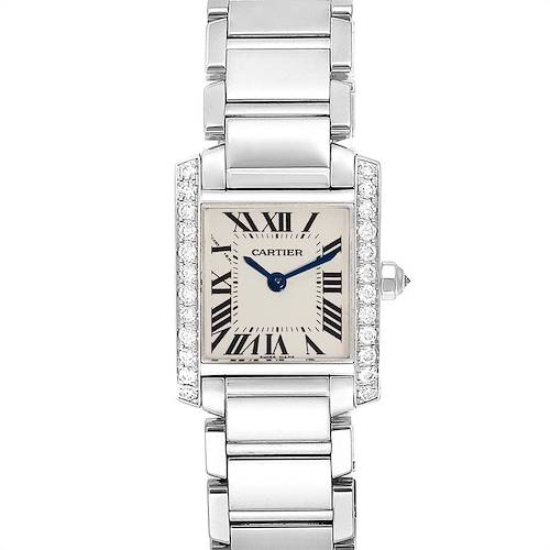 The image shows a front view of a Cartier Tank Francaise watch, highlighting its face, bracelet, and diamond-set sides.