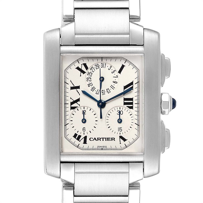 The Cartier Tank Francaise watch is shown from a front angle, displaying its face, bracelet, and side buttons.