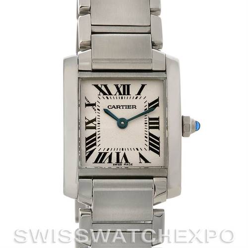 This image shows a front view of the Cartier Tank Francaise watch, highlighting its rectangular face, roman numerals, and stainless steel bracelet.