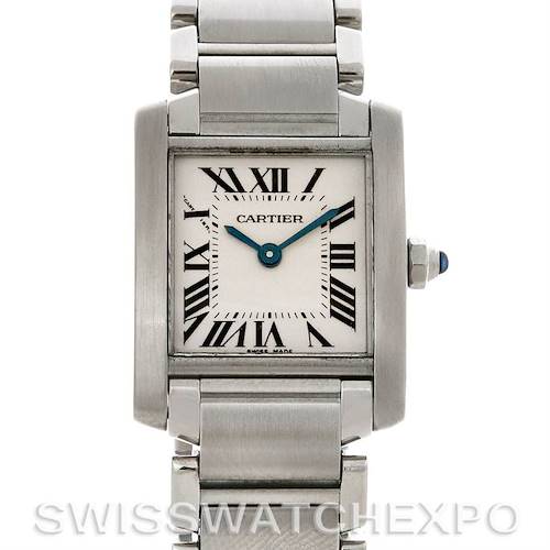 This image shows a front view of the Cartier Tank Française watch, highlighting the face, bracelet, and crown.
