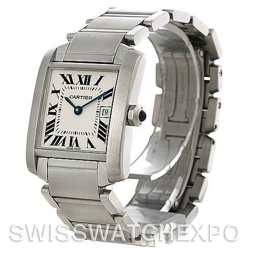 The Cartier Tank Francaise watch is shown at an angle highlighting its rectangular face, bracelet, crown, and part of the clasp.
